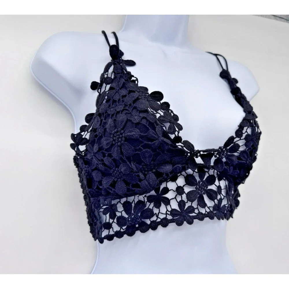 Black Crochet Lace Bralette Crop Top Strappy Boho Fairy Festival whimsigoth